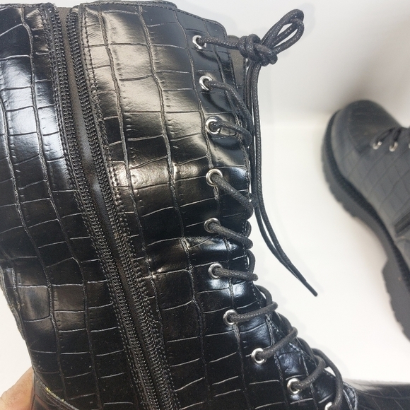 Coutgo Womens Mid Calf Lace Up Boots Lug Sole Closed ToeSide Zipper Military - Picture 6 of 9